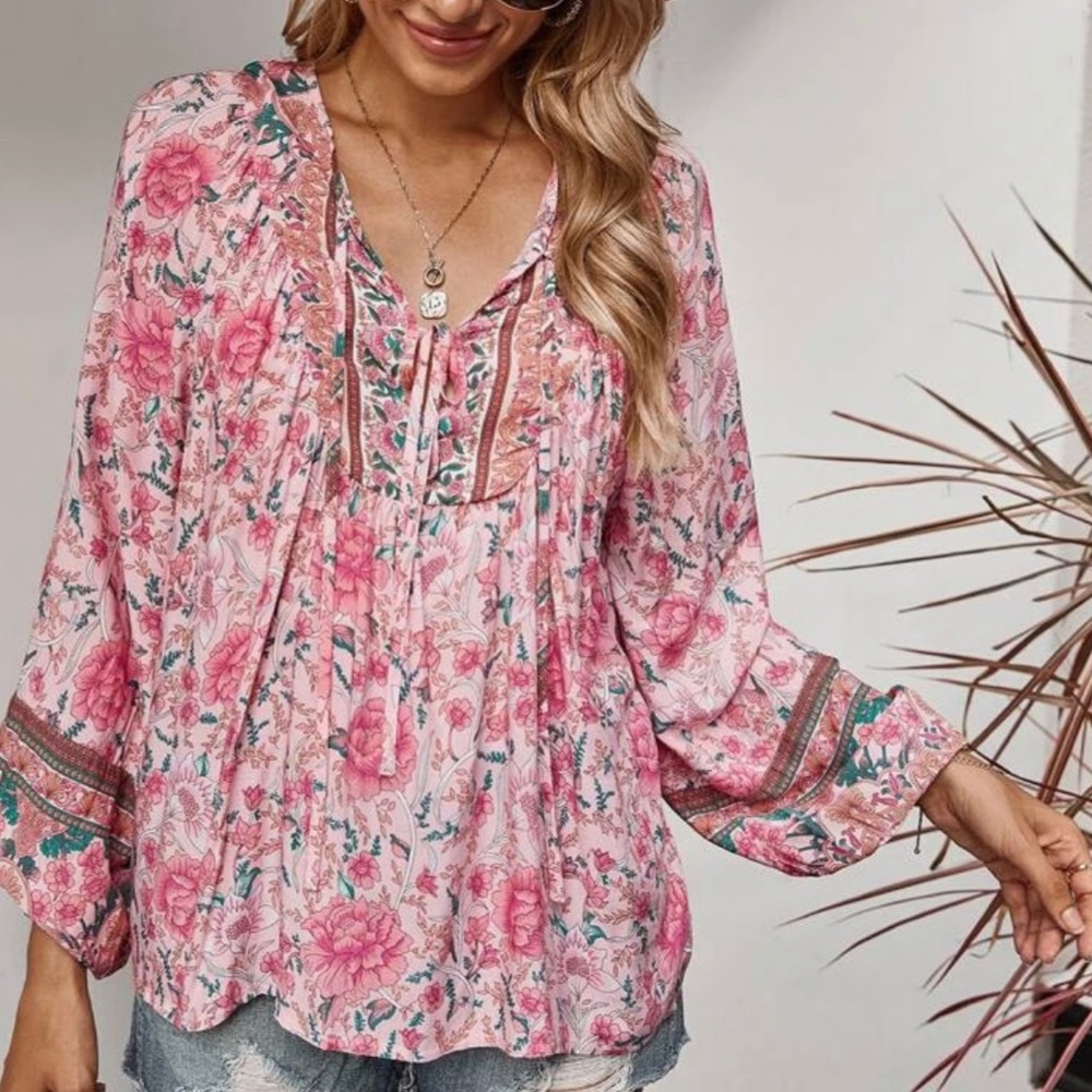Bohemian Gypsy Mint Floral Print Blouse Top - Picture 4 of 10